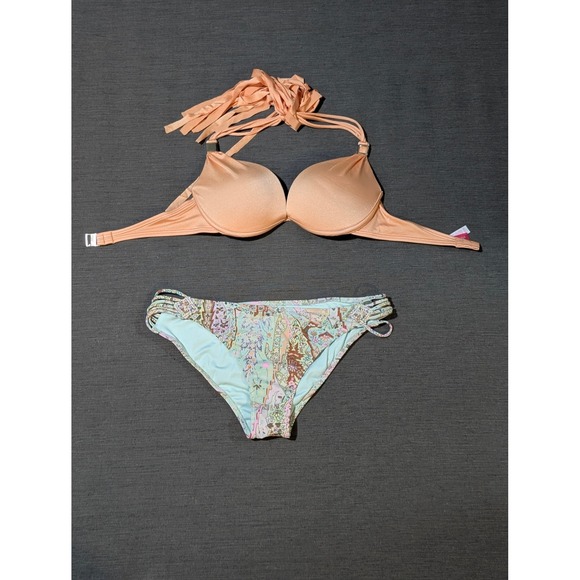 Victoria's Secret Padded Bikini Swimsuit Set 32C Medium Orange Abstract Cheeky - Picture 1 of 9